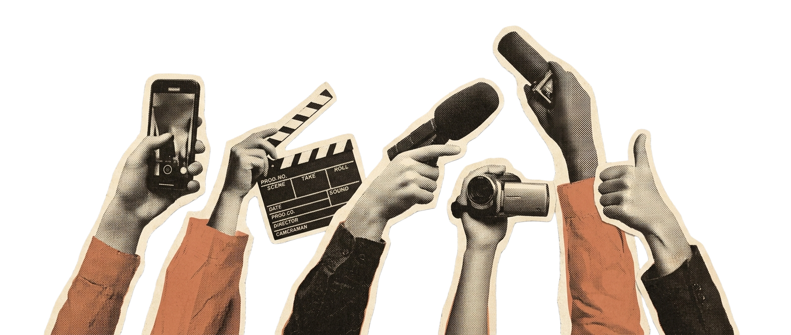 Cut-out collage of hands holding a phone, a clapperboard and a microphone